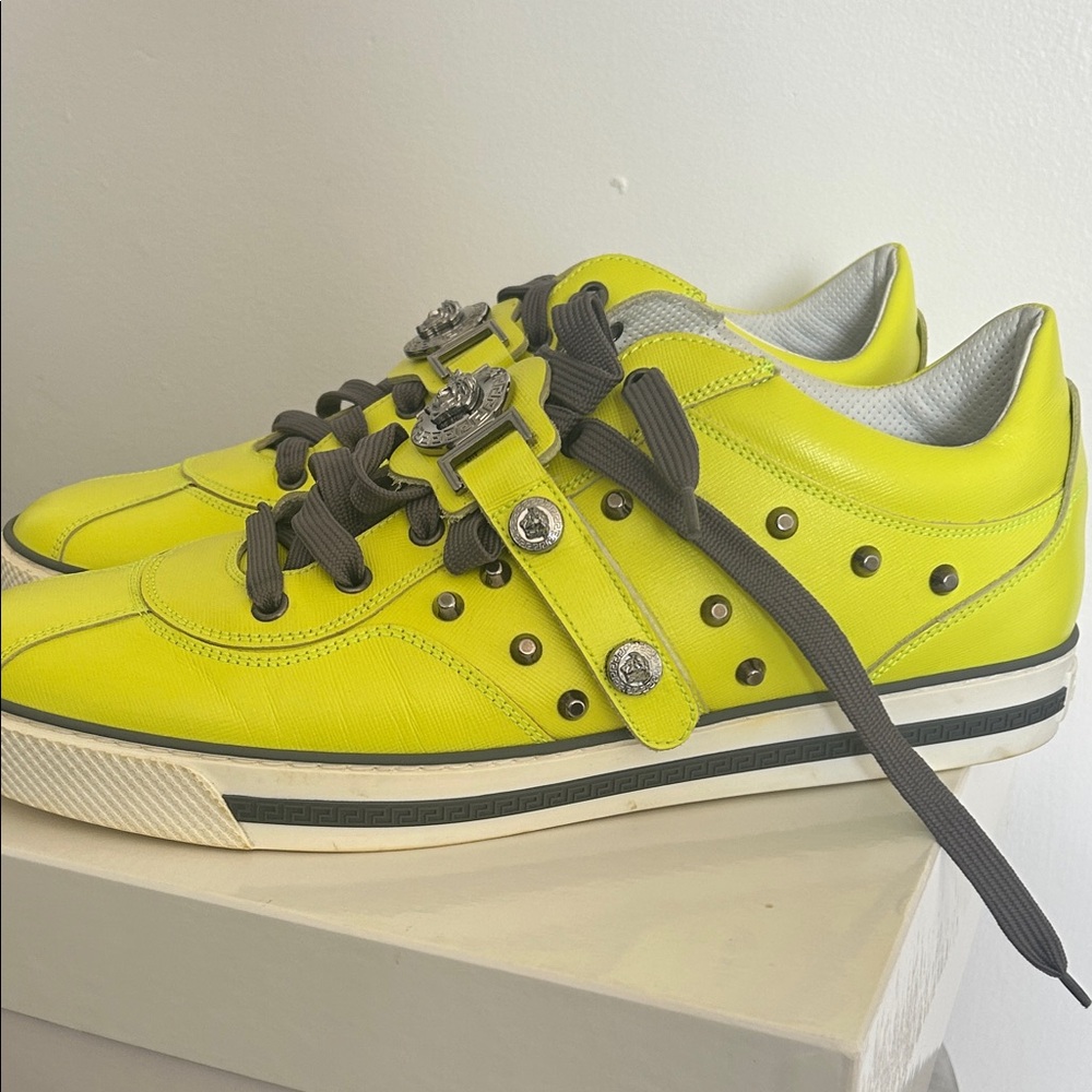 Versace Neon Yellow Studded Sneaker with Gunmetal Accents - Picture 5 of 11